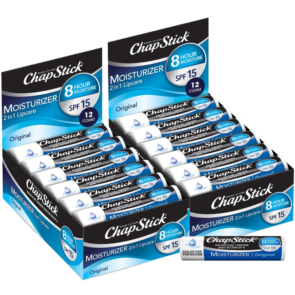 Chapstick Bulk SPF Lip Balm 24-Count Original 2-in-1 Lipcare with SPF 15, Ultra Hydrating Formula with Aloe Vera and Vitamin E, 0.15 Ea
