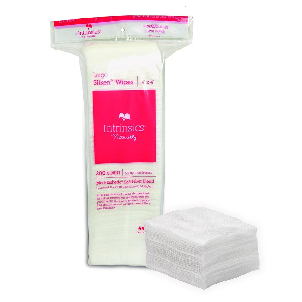 Intrinsics Large Silken Wipes (200 Count) 4x4 4-Ply Low-Absorbency Silk Cotton Pads, Lint-Free Hypoallergenic Gauze, Esthetician Supplies for Makeup & Skincare Application, Nails, and Spa Use