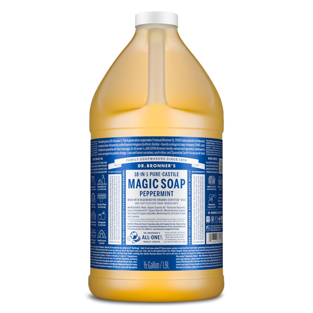 Dr. Bronner's- Pure-Castile Magic Liquid Soap (Peppermint 64,oz)- Made with Regenerative Organic Certified Oils- For Hand, Body, Face, Laundry, Pets & Dishes- Concentrated, Vegan, Non-GMO