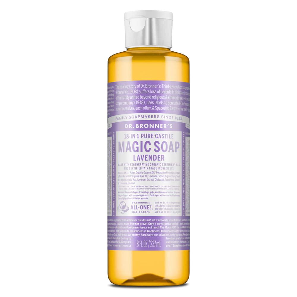 Dr. Bronner's Magic Soap-Pure-Castile Liquid Soap (Lavender, 8 ounce)-Regenerative Organic Certified Oils, 18-in-1 Uses: Body, Hair, Laundry, Pets & Dishes, Concentrated, Vegan, Non-GMO