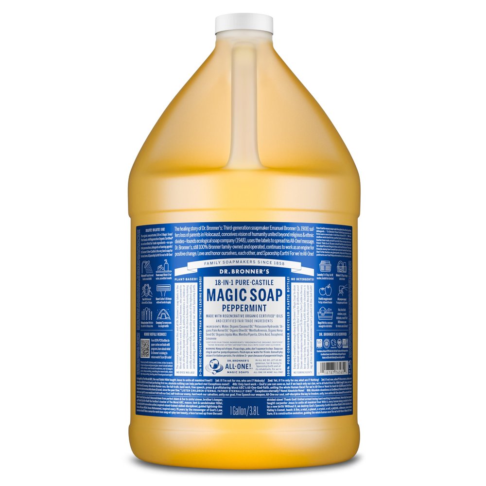 Dr. Bronner's Pure-Castile Magic Soap Liquid (Peppermint, 1 Gallon) Made with Regenerative Organic Certified Oils - For Face, Hair, Laundry, Dishes- Hand Soaps & Body Wash