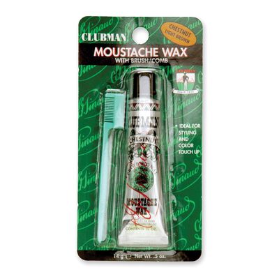 Clubman Mustache Wax for Men  Chestnut Light Brown, Strong Hold Moustache Wax with Styling Brush, Hang Pack, 0.5 oz