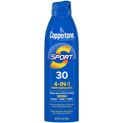 Coppertone Sport Sunscreen Spray SPF 30, Water Resistant Spray Sunscreen for Body, 5.5 Oz (Packaging May Vary)
