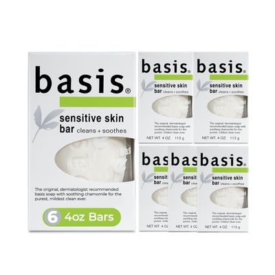 Basis Sensitive Skin Bar Soap for Body, Hands and Face, Unscented Soap Bar for Sensitive Skin with Chamomile and Aloe Vera, 4 Oz, Pack of 6