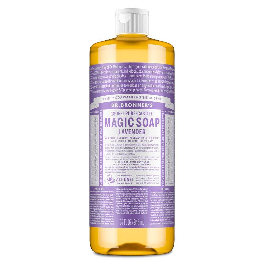 Dr. Bronner's - Pure-Castile Liquid Soap (Lavender, 32 ounce) - Made with Organic Oils, 18-in-1 Uses: Face, Body, Hair, Laundry, Pets and Dishes, Concentrated, Vegan, Non-GMO