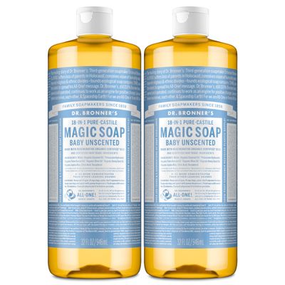 Dr. Bronner's Magic Soap-Pure-Castile Liquid Soap (Baby Unscented, 32 ounce, 2-Pack)-Regenerative Organic Certified Oils, 18-in-1 Uses: Body, Laundry & Dishes, For Sensitive Skin, No Fragrance