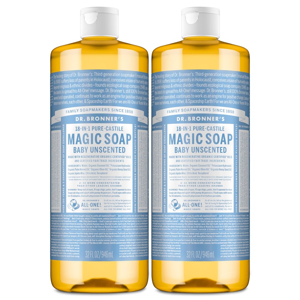 Dr. Bronner's Magic Soap-Pure-Castile Liquid Soap (Baby Unscented, 32 ounce, 2-Pack)-Regenerative Organic Certified Oils, 18-in-1 Uses: Body, Laundry & Dishes, For Sensitive Skin, No Fragrance