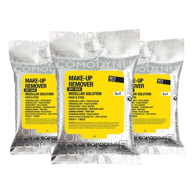 3 Pack COMODYNES Makeup Remover Towels Dry Skin 60 Wipes - Skin Care - The Wipes for Dry Skin Incorporate Skin-Friendly Active Ingredients and Natural Extracts with Nourishing Action