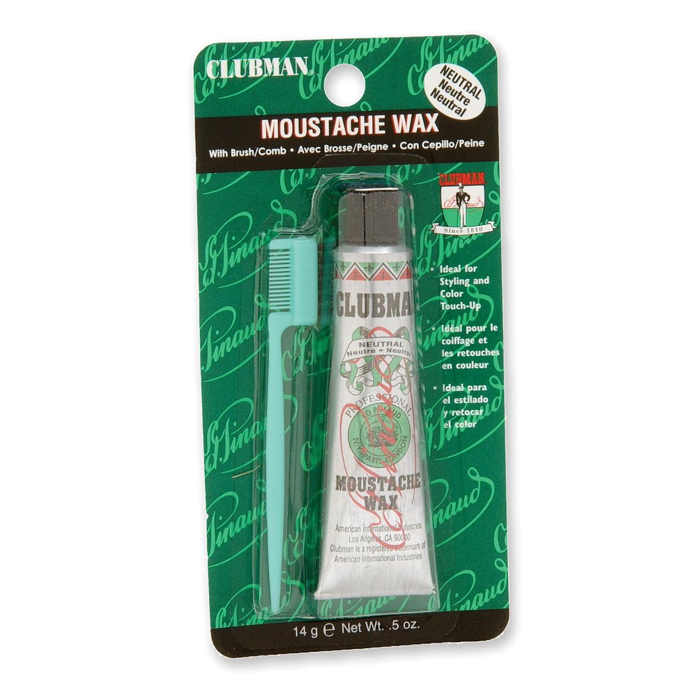 Clubman Moustache Wax  Mustache Wax for Men Strong Hold, Neutral Color, Includes Styling Brush, Hang Pack, 0.5 oz
