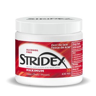 Stridex Medicated Acne Pads, Maximum, 55 Count Facial Cleansing Wipes, Alcohol Free, Acne Treatment for Face, For Moderate Acne, Smooth Application