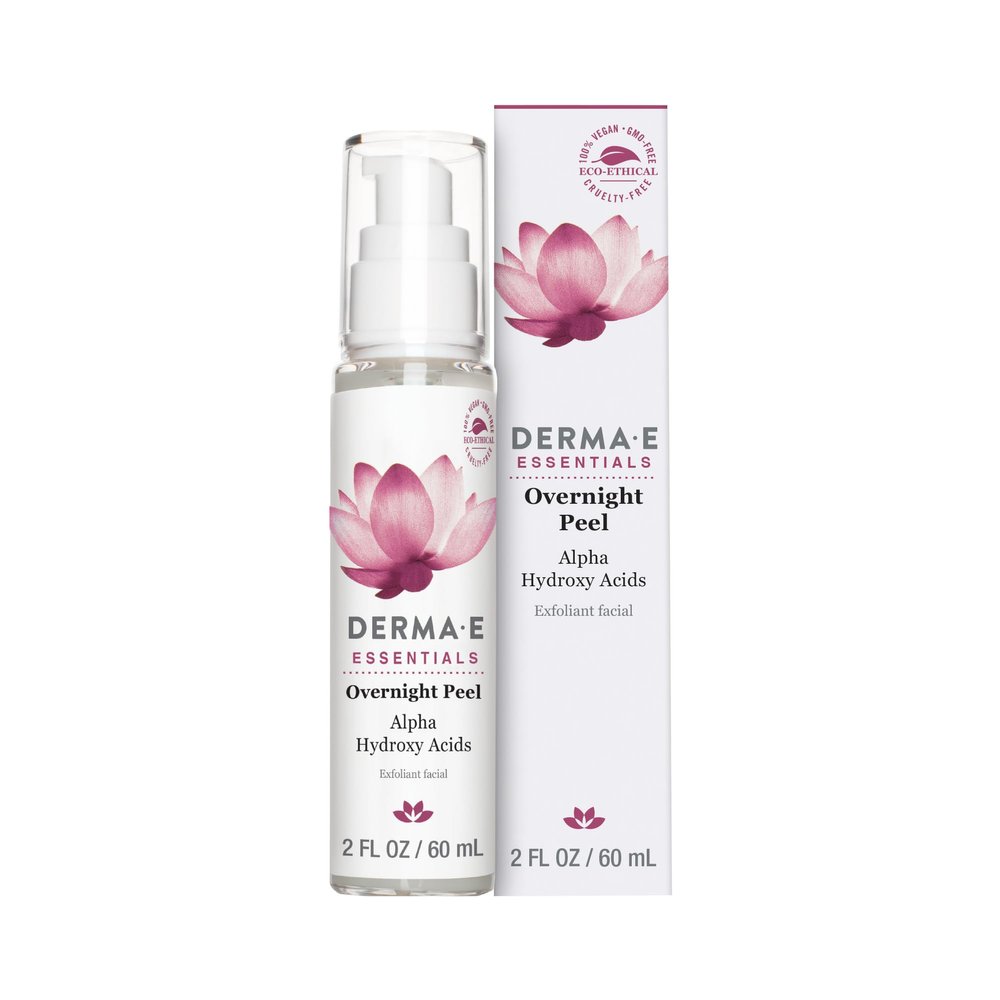DERMA E Essentials Overnight Peel  Vegan, Gluten-Free Nourishing Facial Exfoliant with Alpha Hydroxy Acid and Lactic Acid, 2 fl oz