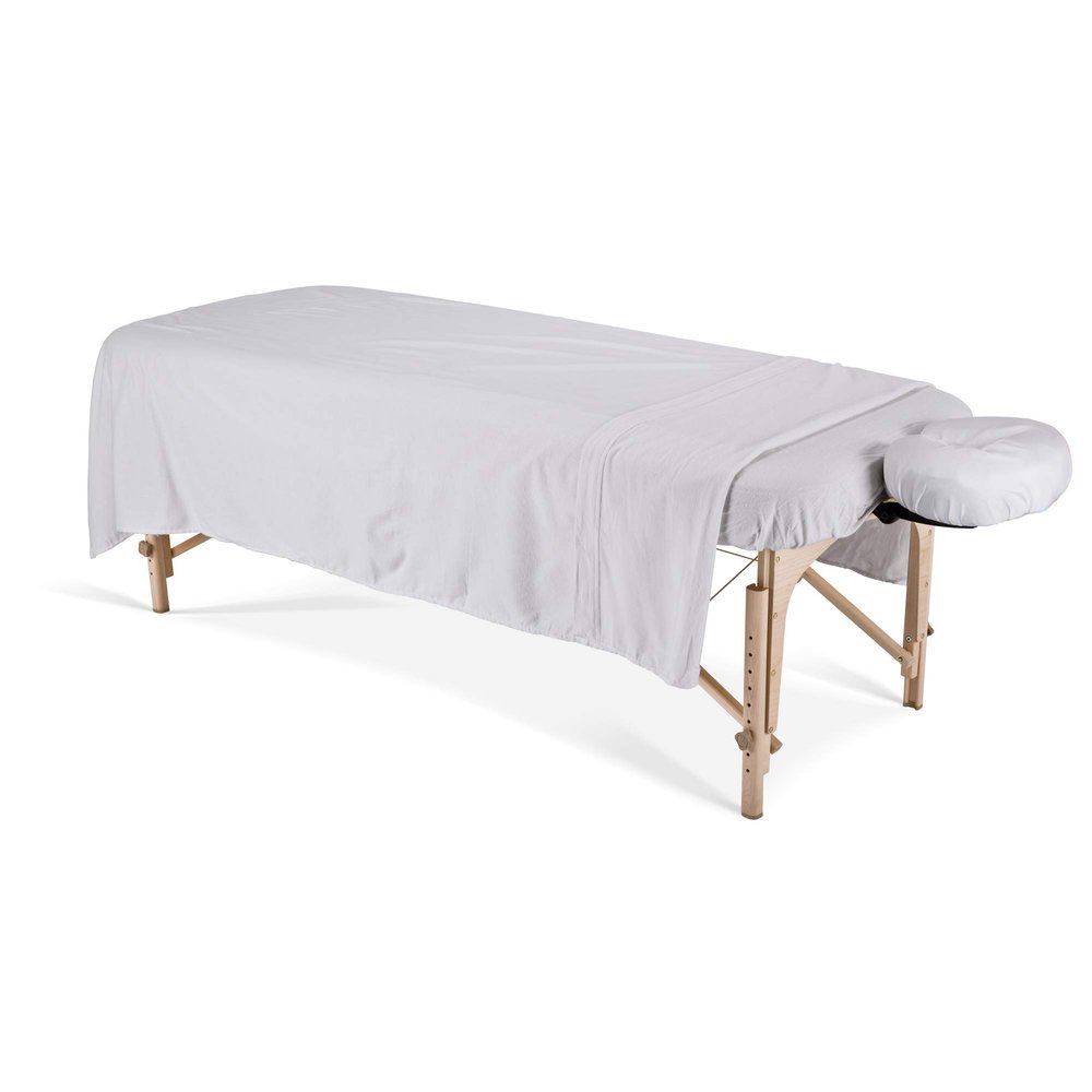 EarthLite DURA-Luxe Flannel Massage Table Sheet Set  Durable, Soft, Luxurious Comfort, Double-Napped Top Sheet, Fitted Sheet & Crescent Cover White