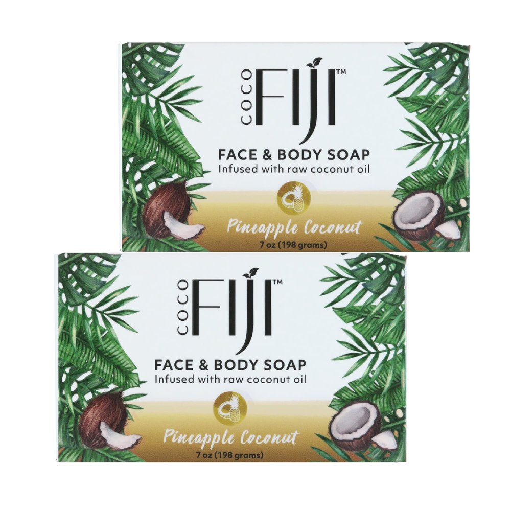 "Coco Fiji Soap Bar for Face and Body Infused With Organic Coconut Oil, Pineapple Coconut Essential Oil, Natural Soap for Moisturizing & Pore Purifying Skin, 7 oz, Pack Of 2 "