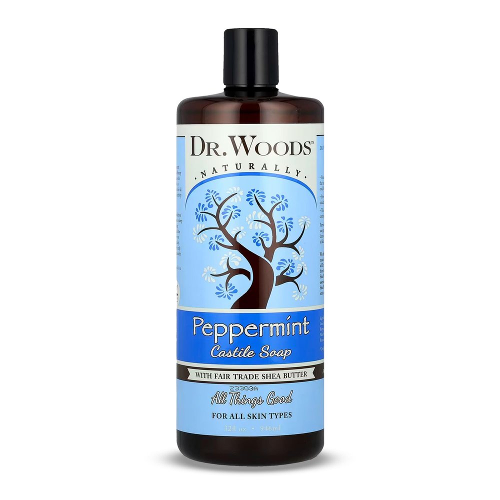 Dr. Woods Peppermint Liquid Castile Soap - Castile Soap with Pure Peppermint Oil, Body Wash for Men and Women, Contains Organic Shea Butter, Natural Cleaner for Face, Hands, and Body - 32 Fl Oz
