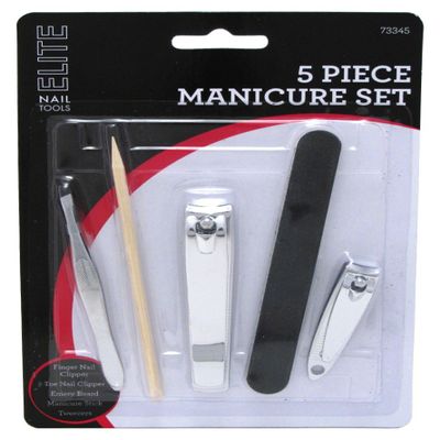 5 Piece Manicure Pedicure Set - Includes Bamboo Sticks, Emery Board, Stainless Steel Nail and Toe Clippers, Cuticle Remover