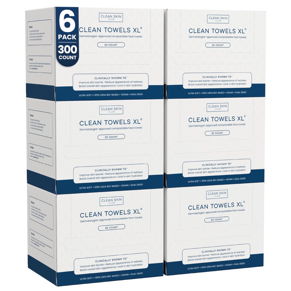 Clean Skin Club Clean Towels XL, 100% USDA Biobased Face Towel, Disposable Face Towelette, Eczema Association Accepted, Makeup Remover Dry Wipes, Ultra Soft, 50 ct per pack, 6 Packs, 300 Ct Total