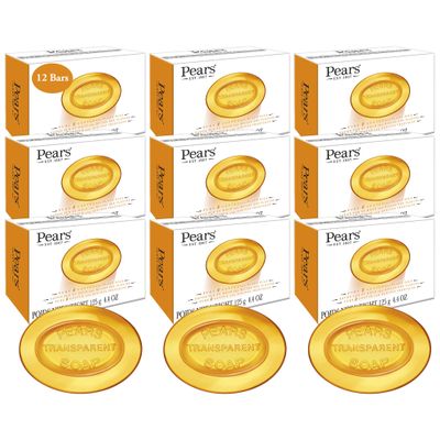 Pears Soap, Pure & Gentle with Natural Oils, 12-Pack Transparent Amber Glycerin Soap for Pampered, Glowing Skin, 4.4 Oz Ea