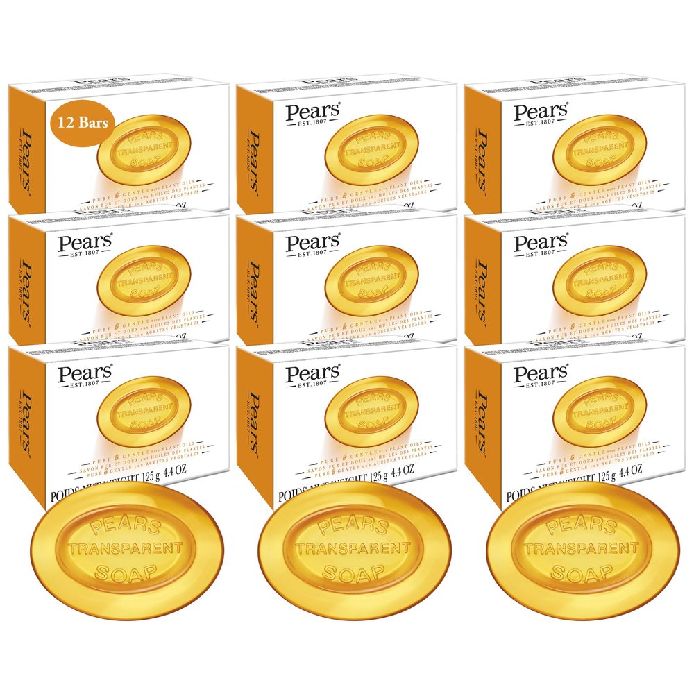 Pears Soap, Pure & Gentle with Natural Oils, 12-Pack  Transparent Amber Glycerin Soap for Pampered, Glowing Skin, 4.4 Oz Ea