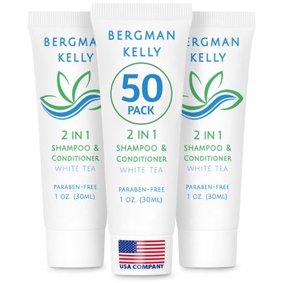 BERGMAN KELLY - Travel Size 2 in 1 Shampoo & Conditioner - 1 fl oz, 50 PK, White Tea - Delight Your Guests w/Revitalizing & Refreshing Shampoo Amenities - Quality Small Size Hotel Toiletries in Bulk