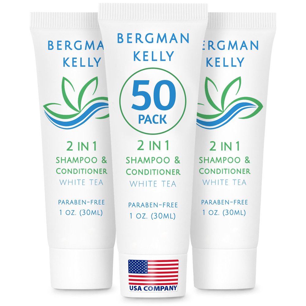 BERGMAN KELLY - Travel Size 2 in 1 Shampoo & Conditioner - 1 fl oz, 50 PK, White Tea - Delight Your Guests w/Revitalizing & Refreshing Shampoo Amenities - Quality Small Size Hotel Toiletries in Bulk