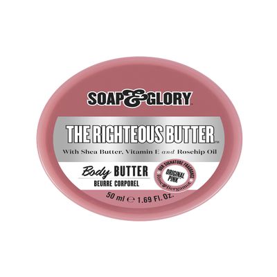 Soap & Glory The Righteous Moisturizing Body Butter - Hydrating Vegan Body Moisturizer for Dry Skin with Shea Butter, Vitamin E & Rosehip Seed Oil - Rich Cream for Women & Men (50ml)