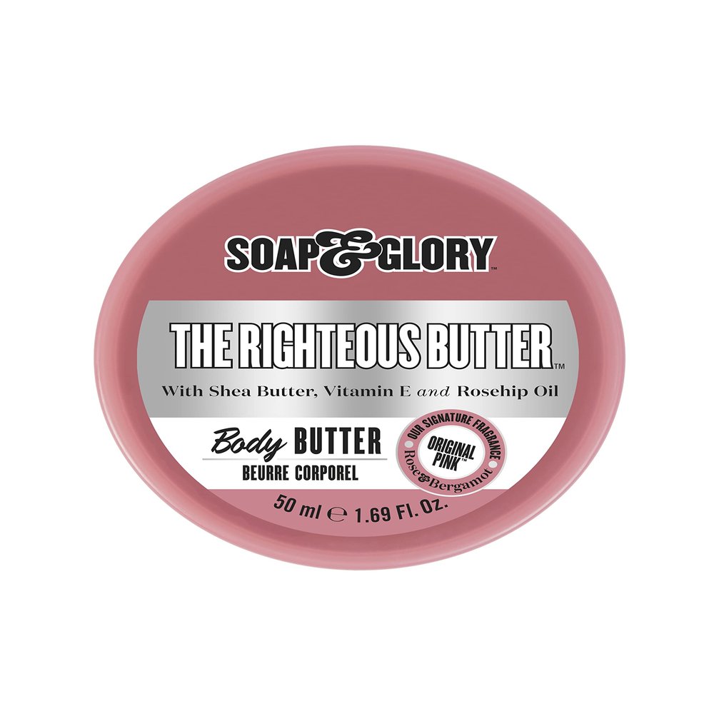 Soap & Glory The Righteous Moisturizing Body Butter - Hydrating Vegan Body Moisturizer for Dry Skin with Shea Butter, Vitamin E & Rosehip Seed Oil - Rich Cream for Women & Men (50ml)