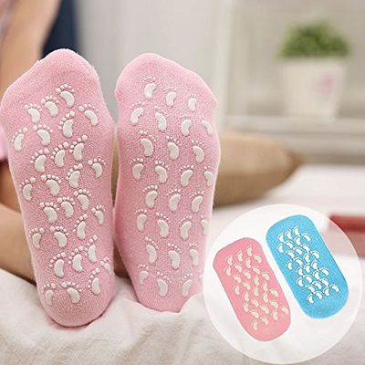 AnHua 2 Pair Moisturizing Gel Socks with Spa Quality Gel for Moisturizing Vitamin E and Oil Infused Helping Repair Dry Cracked Skins and Softens Feet, Blue+Pink