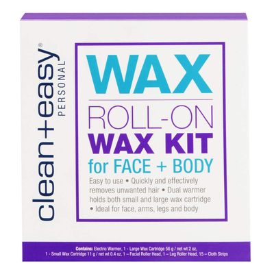 Clean + Easy Roll On Wax Kit  Hair Removal System with Dual Electric Warmer, Cartridges & Strips, At-Home Wax Roller Kit, 120V