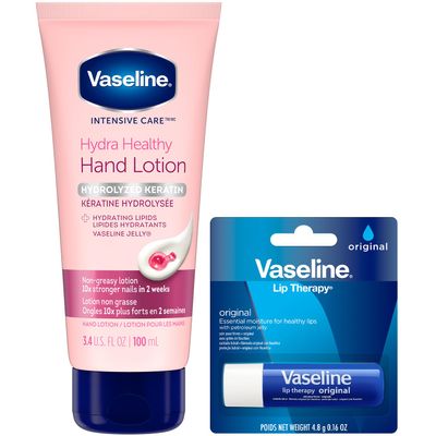 Vaseline Lotion & Lip Therapy Bundle Healthy Hands Stronger Nails with Keratin Intensive Care Hand Lotion + Original Lip Balm Tube
