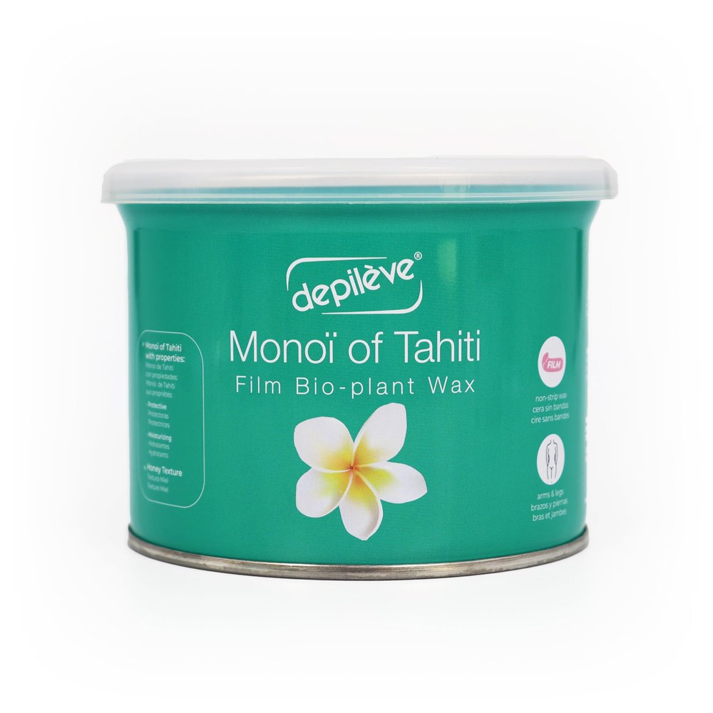Depileve Monoi of Tahiti Extra Film No-Strip Wax - Fast Drying, Easy to Spread Full Body Wax - Ideal for All Skin Types - Opalescent Aqua Formula with Elastic Texture and Floral Scent - 14.1 oz.