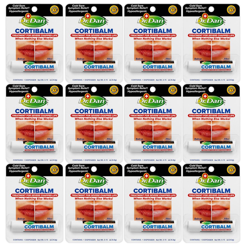 Dr. Dan's Cortibalm- 12 Pack - for Dry Cracked Lips - Healing Lip Balm for Severely Chapped Lips - Designed for Men, Women and Children