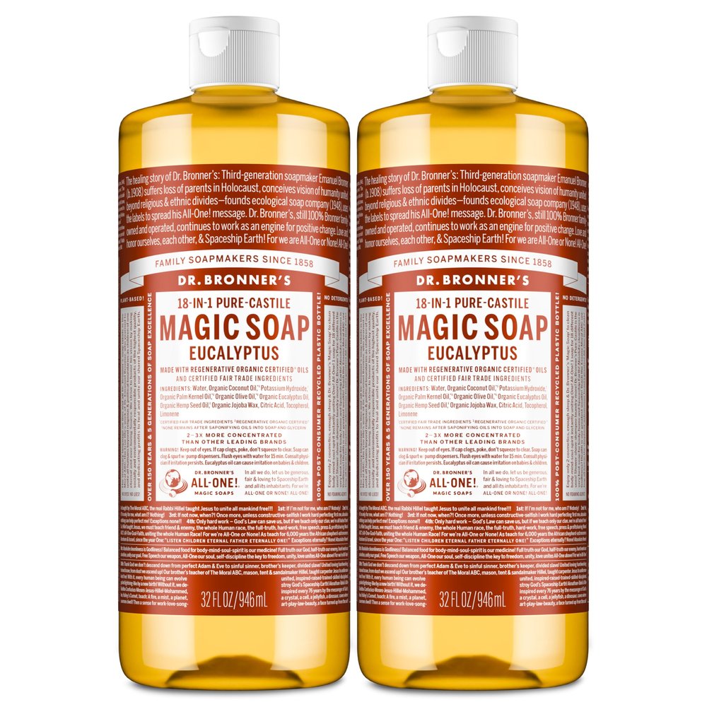 Dr. Bronner's Magic Soap - Pure-Castile Liquid Soap (Eucalyptus, 32 ounce, 2-Pack) -Regenerative Organic Certified Oils, 18-in-1 Uses: Body, Hair, Laundry, Pets & Dishes, Concentrated, Vegan, Non-GMO