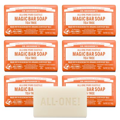 Dr. Bronner's Pure-Castile Magic Bar Soap (Tea Tree, 5 ounce, 6-Pack) - Made with Regenerative Organic Certified Oils, For Face, Body & Hair, Gentle, Vegan, Non-GMO
