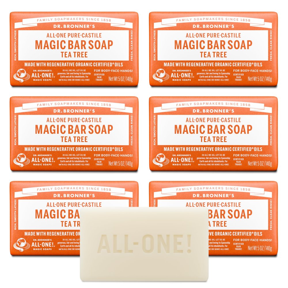 Dr. Bronner's Pure-Castile Magic Bar Soap (Tea Tree, 5 ounce, 6-Pack) - Made with Regenerative Organic Certified Oils, For Face, Body & Hair, Gentle, Vegan, Non-GMO