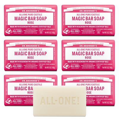 Dr. Bronner's Pure-Castile Magic Soap Bars (Rose, 5 oz, 6-Pack)- Made with Regenerative Organic Certified Oils- For Face, Body & Hair - Gentle, Vegan- Bar Soaps for Men & Women