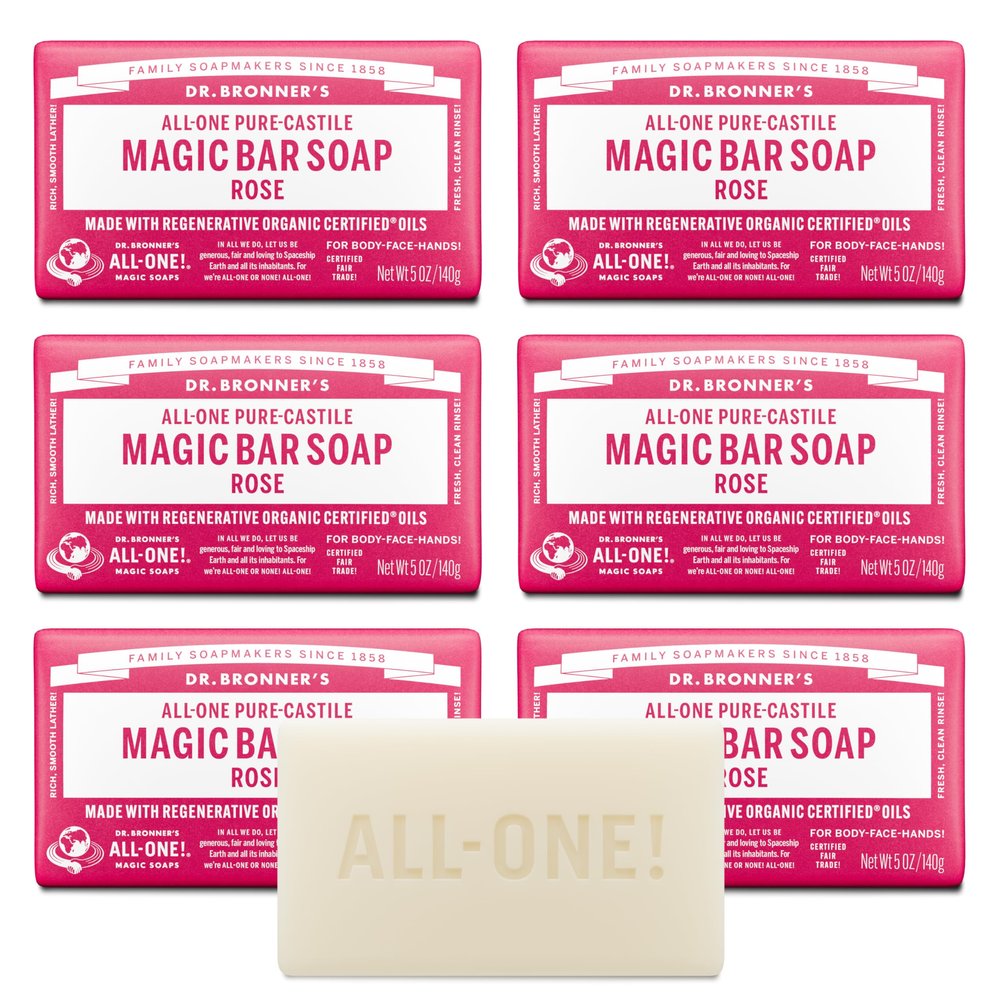 Dr. Bronner's Pure-Castile Magic Soap Bars (Rose, 5 oz, 6-Pack)- Made with Regenerative Organic Certified Oils- For Face, Body & Hair - Gentle, Vegan- Bar Soaps for Men & Women