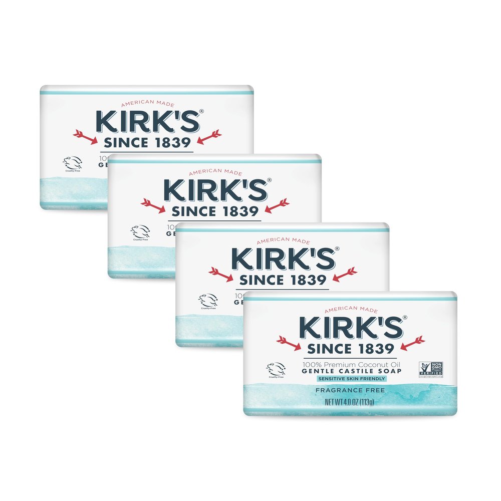 Castile Bar Soap by Kirks | Clean Soap for Men, Women & Children | Premium Coconut Oil | Sensitive Skin Formula, Vegan | Fragrance-Free/Unscented | 4 oz. Bars - 4 Pack