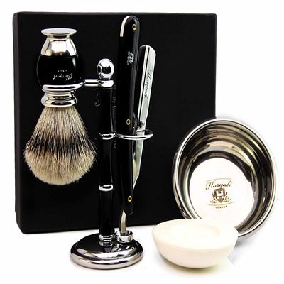 100% Hand Made Shaving Set for Men's.Ideal Gift This Christmas.Set Includes Pure Sliver Tip Badger Hair Brush, 3 Razors to Choose,Shaving Bowl with Soap and Brush Holder. (Shavette Razor)