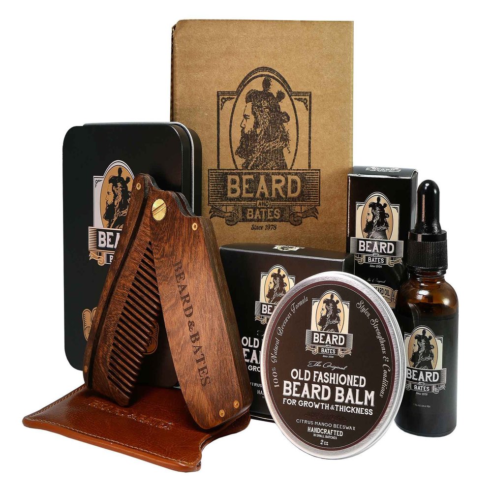 Beard & Bates | Grooming Essentials Beard Kit | Premium 19th Century Beard Balm, Organic Beard Oil, Luxury Sandalwood Switchblade Folding Comb, and Genuine Engraved Leather Pouch