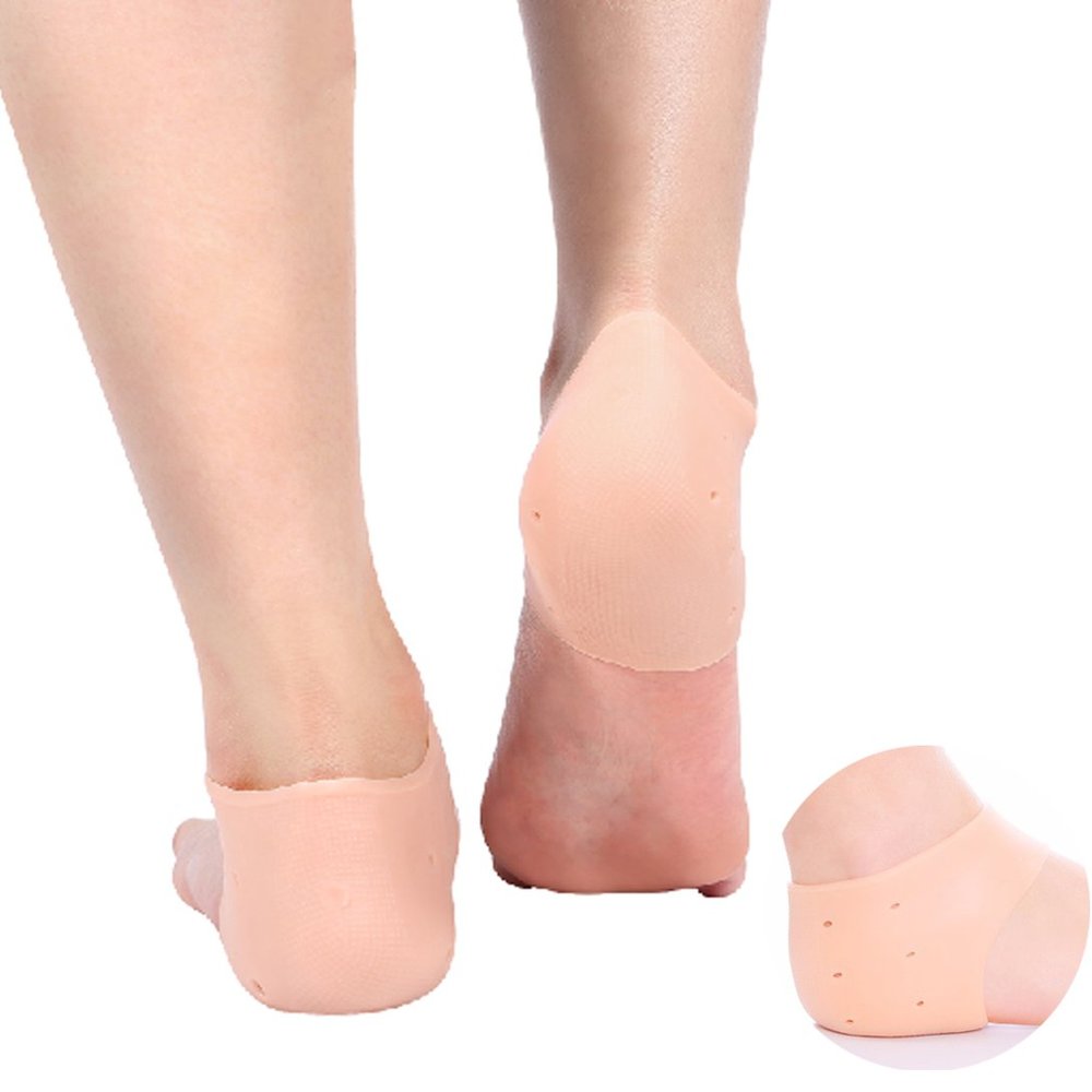 2 Pair Silicone Moisturizing Gel Heel Protector Sleeve Plantar Fasciitis Foot Cracked Care Cushion Ankle Pain Relief Breathable Arch Socks (Skin Color with Hole)