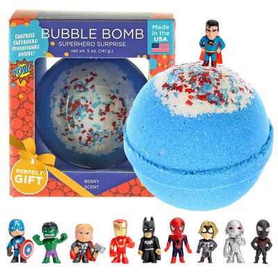 Superhero Bath Bombs for Kids & Boys with Surprise Hero Toys Inside (1 Pack) - Large Bubble Bath Bombs for Boys & Girls - Children Gift & Boys Stocking Stuffers - Fruity Scent, USA Made by Two Sisters