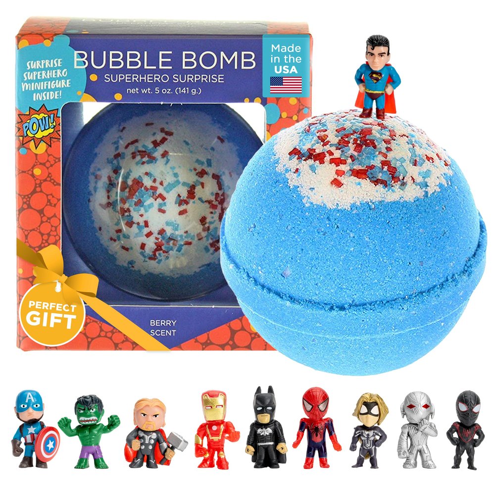 Superhero Bath Bombs for Kids & Boys with Surprise Hero Toys Inside (1 Pack) - Large Bubble Bath Bombs for Boys & Girls - Children Gift & Boys Stocking Stuffers - Fruity Scent, USA Made by Two Sisters