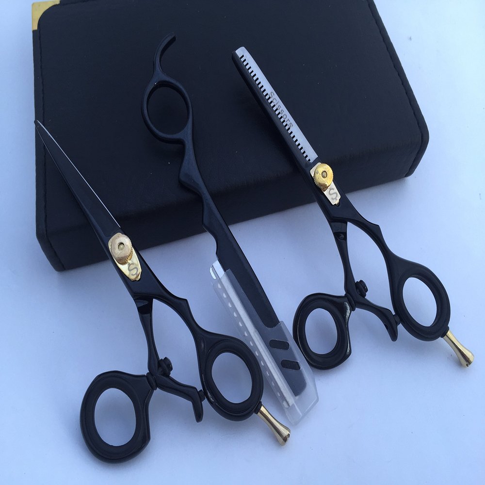 5.5" Professional Barber Razor Edge Powder Coated Hair Cutting and Texturizing Shears Scissors Black Straight Razor Student Teacher Kit Set+case Black