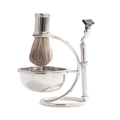 Bey-Berk 4-Piece Chrome Shaving Set, Razor & Pure Badger Brush with Soap Bowl & Stand, Tarnish-Resistant Silver Wet Shaving Kit for Men