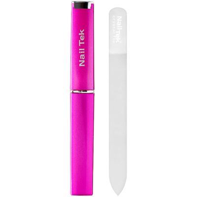 Nail Tek Crystal File - Glass Nail File with Case, Durable and Gentle for Healthy Nails and Cuticles - Travel-Friendly Design, Fuchsia, Medium 5"