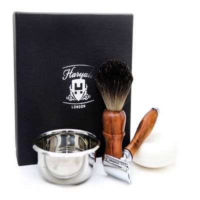 4 Pieces Men's Wooden Shaving Set. Set Includes Pure Black Badger Hair (No Blades Included) Soap & Bowl
