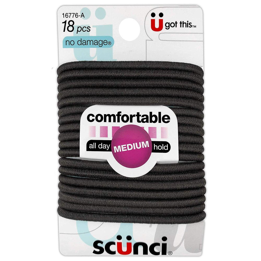 Scunci No-Damage Comfortable All Day Medium Hold, Brown Elastics, 18-Pieces per Pack
