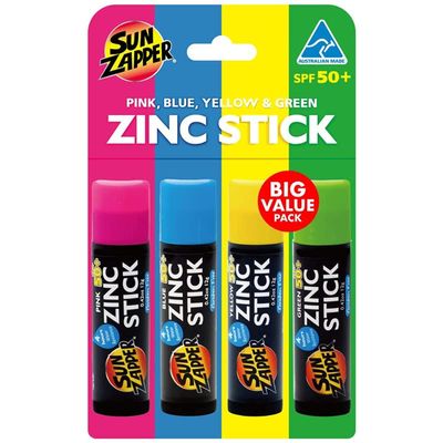 Sun Zapper Zinc Oxide Sunscreen Stick SPF 50+ Tinted 4-Pack (Pink, Blue, Green, Yellow) Sunscreen Stick, Zinc Sunscreen, Water Resistant, Broad Spectrum UVA/UVB, Made in Australia