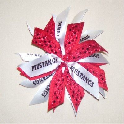 Sublimation Specialties Pom Hair Bow Scrunchie - Mustangs & Red Sequin, Made in The USA, White Pony Band