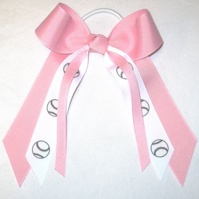 Sublimation Specialties Softball Baseball Hair Bow - Made in The USA, Light Pink, White Pony Band